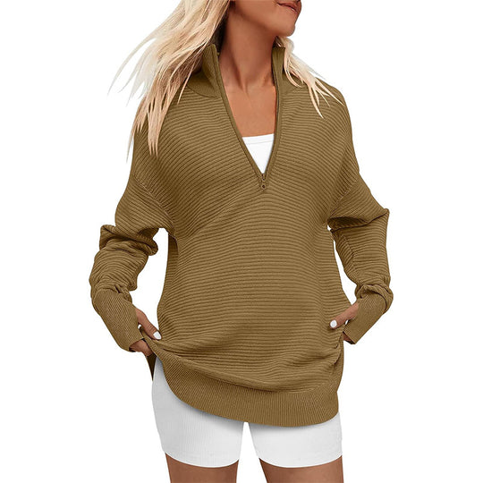 Damen Oversized Pullover mit Stehkragen und Reißverschluss Heidi-Mode