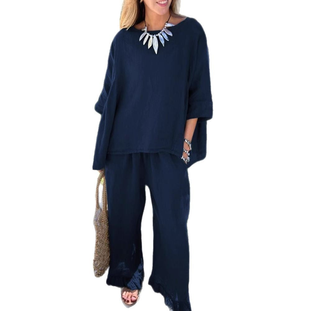 Damen lässiges Leinen-Outfit mit weitem Schnitt und angeschnittenen Ärmeln Heidi-Mode