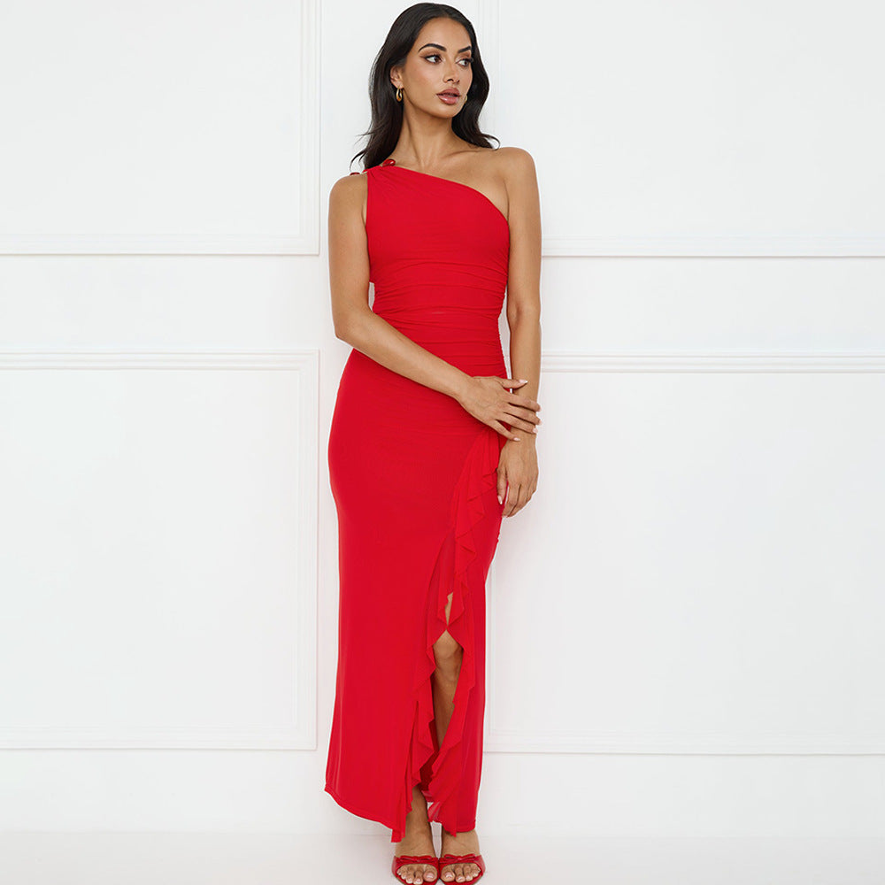 Damen Asymmetrisches Maxikleid mit Rüschendetails Heidi-Mode
