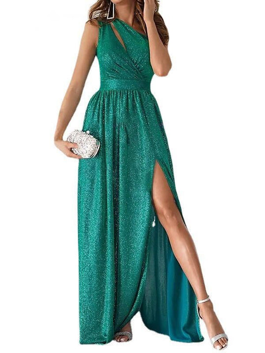 Damen elegantes Abendkleid mit asymmetrischem Ausschnitt und Seitenschlitz Heidi-Mode