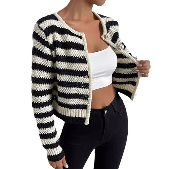 Damen gestreifte Strickjacke mit dekorativen Knöpfen Heidi-Mode