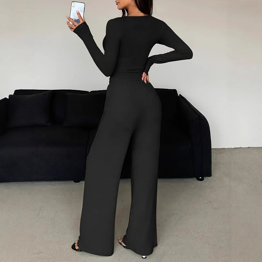 Damen Set aus lässigem Langarmoberteil und bequemen Palazzohose Heidi-Mode
