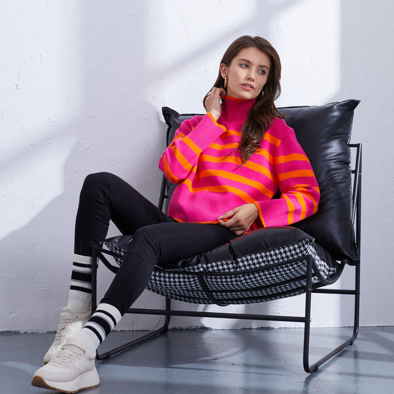 Damen hochwertiger gestreifter Pullover mit Stehkragen Heidi-Mode