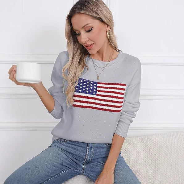 Damen Strickpullover mit Flaggenmotiv und lässigem Schnitt Heidi-Mode