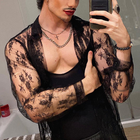 Damen Transparente Bluse mit floralen Spitzenmuster Heidi-Mode