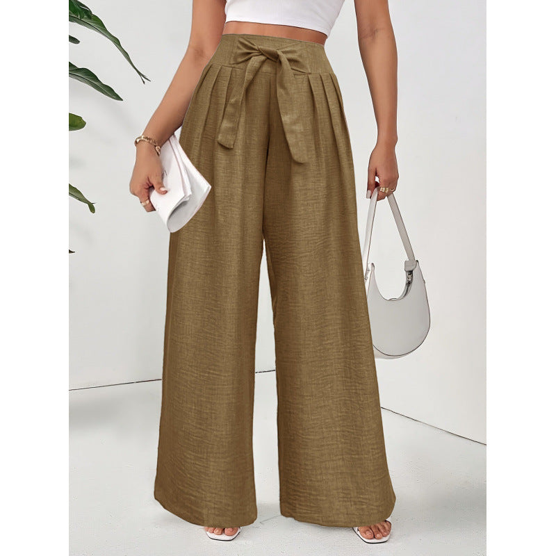 Damen Weite Hochtaillierte Hose mit Schleifenbund und Falten Heidi-Mode