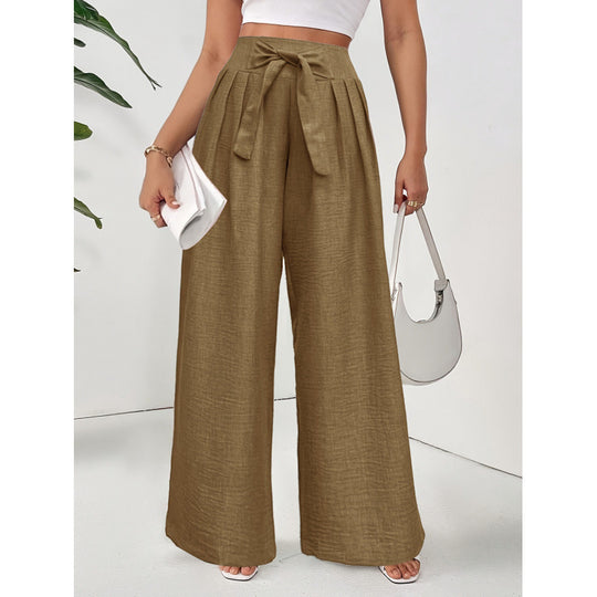 Damen Weite Hochtaillierte Hose mit Schleifenbund und Falten Heidi-Mode