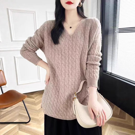 Damen Grobstrickpullover mit V-Ausschnitt und lässigem Schnitt Heidi-Mode