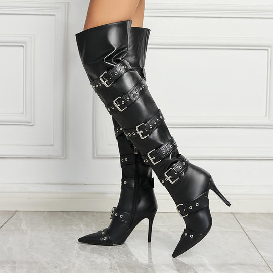 Femme Über-dem-Knie Schnallen Stiletto Stiefel Heidi-Mode