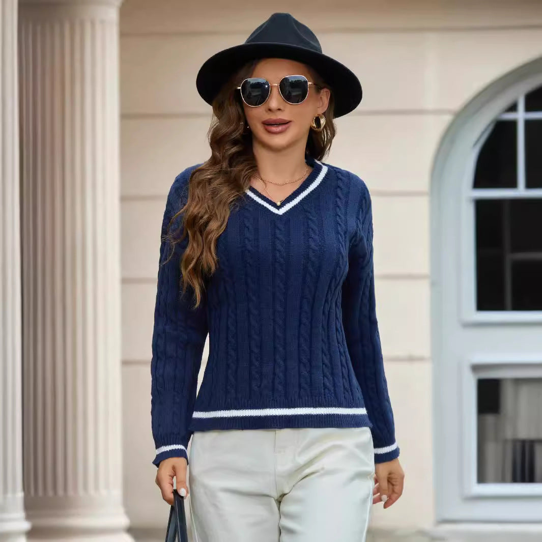 Damen Strickpullover mit V-Ausschnitt und klassischem Zopfdesign Heidi-Mode