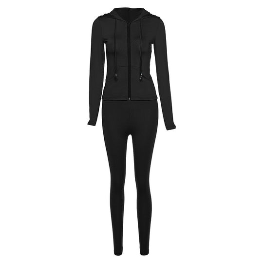 Damen Sportliches Zweiteiler-Set mit Kapuzenjacke und enganliegenden Leggings Heidi-Mode