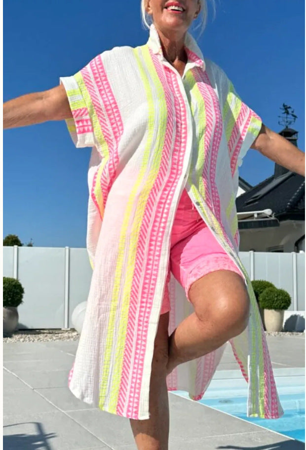 Damen Leichtes Baumwoll Button-Up Überkleid Heidi-Mode