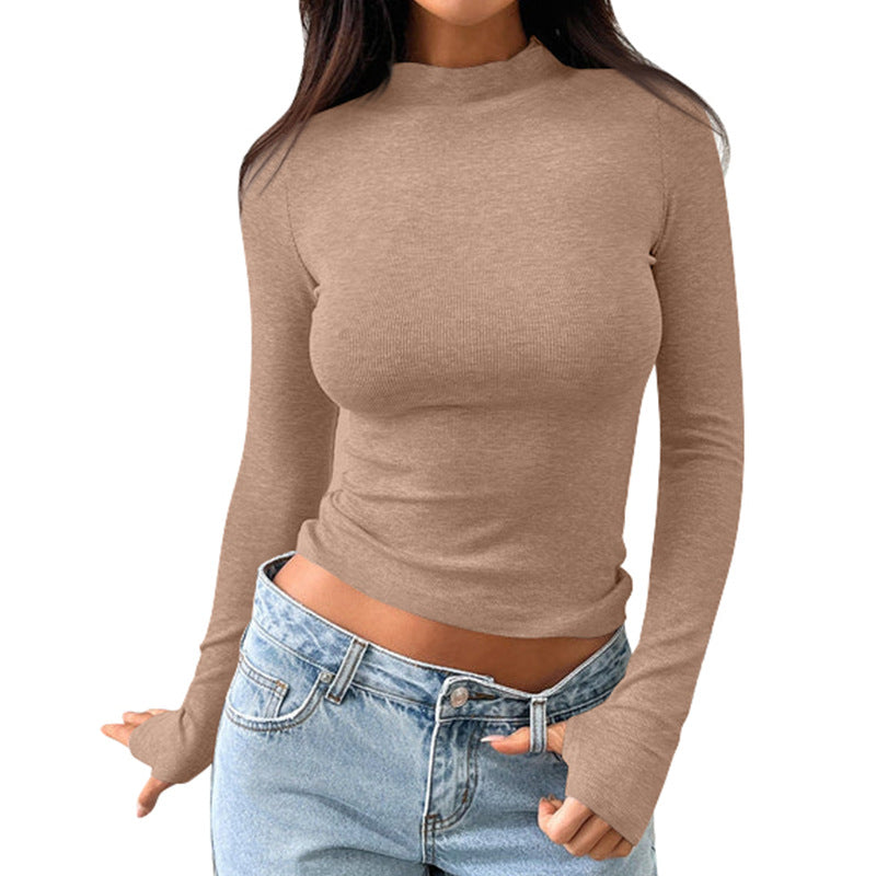 Damen hochwertiges Langarmshirt mit Stehkragen und feiner Rippstruktur Heidi-Mode