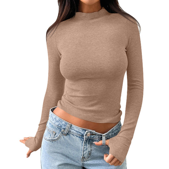 Damen hochwertiges Langarmshirt mit Stehkragen und feiner Rippstruktur Heidi-Mode