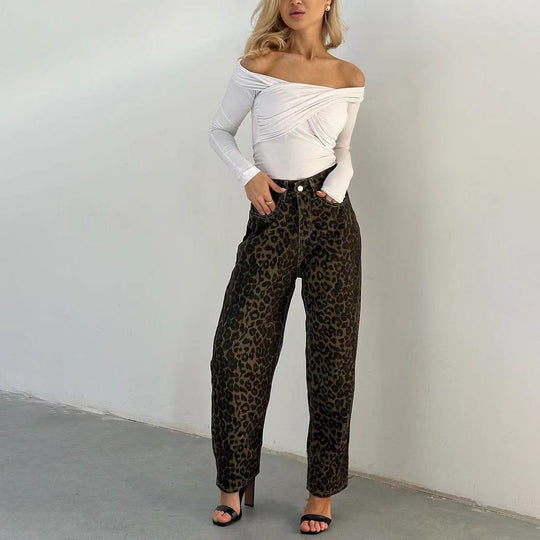 Damen Leo-Print Jeanshose mit hoher Taille und geradem Schnitt Heidi-Mode