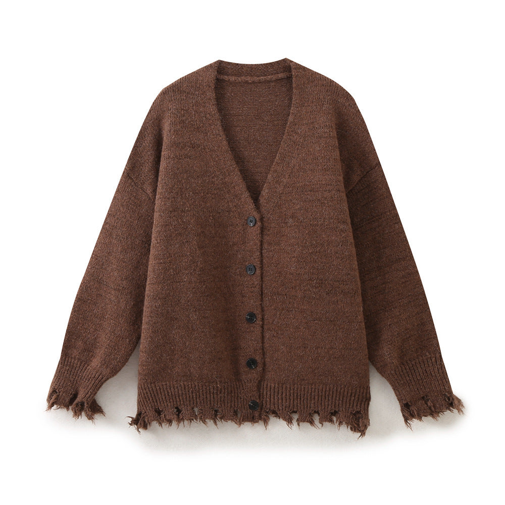 Damen lässige Strickjacke mit fransigem Saum und knöpfbarem Verschluss Heidi-Mode