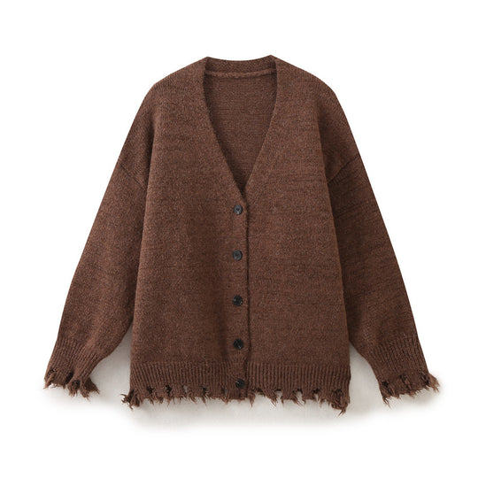 Damen lässige Strickjacke mit fransigem Saum und knöpfbarem Verschluss Heidi-Mode