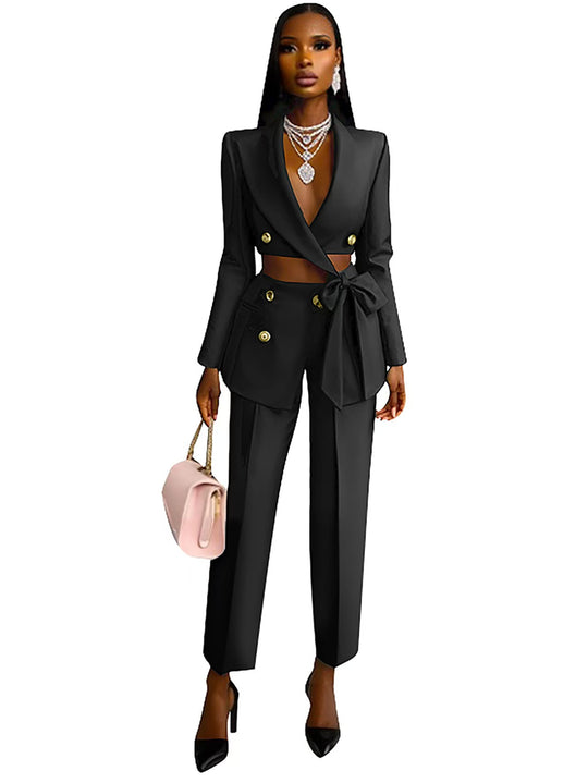 Damen Blazer Set mit hoch geschnittenem Oberteil und originellen Knöpfen Heidi-Mode