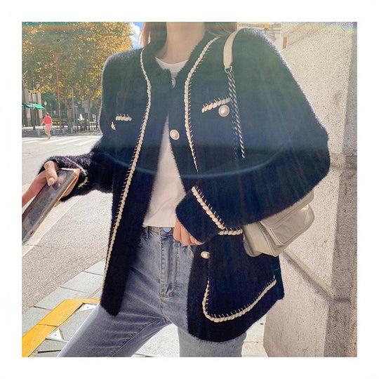 Damen modische Strickjacke mit eleganten Kontrastnähten und Knopfdetails Heidi-Mode