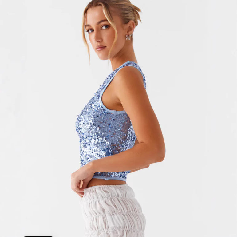 Damen Funkelndes Pailletten-Top mit Rundhalsausschnitt Heidi-Mode