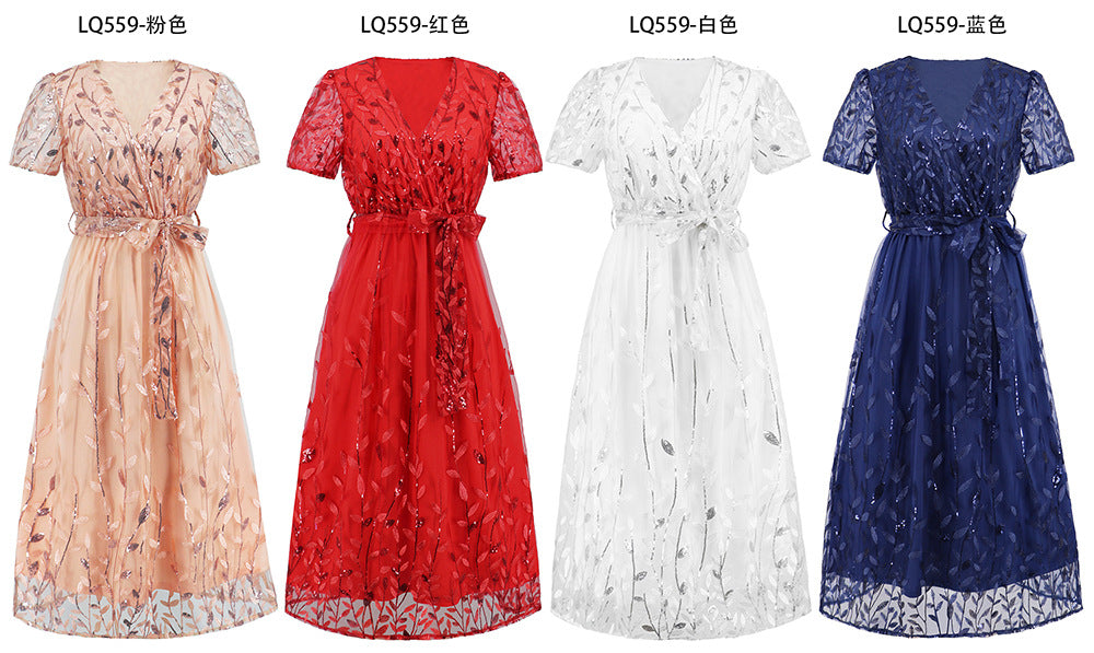 Heidi-Mode | Kurzärmliges Kreuz V-Ausschnitt Gürtel Midi Kleid
