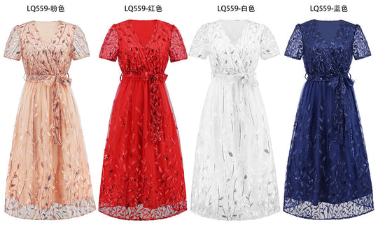 Heidi-Mode | Kurzärmliges Kreuz V-Ausschnitt Gürtel Midi Kleid