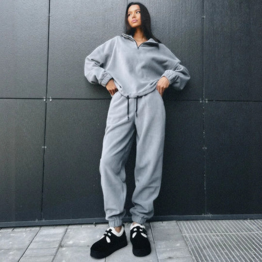 Damen Fleece-Loungewear-Anzug mit halbem Reißverschluss und elastischem Bund Heidi-Mode