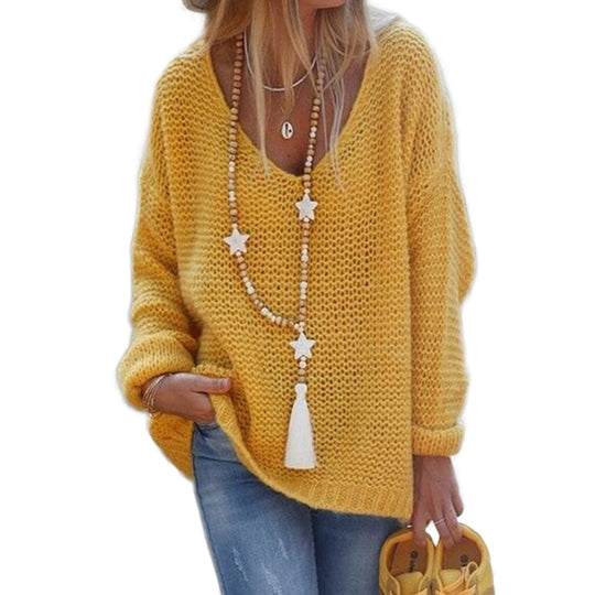 Damen Grobstrickpullover mit tiefem V-Ausschnitt und lässigem Schnitt Heidi-Mode