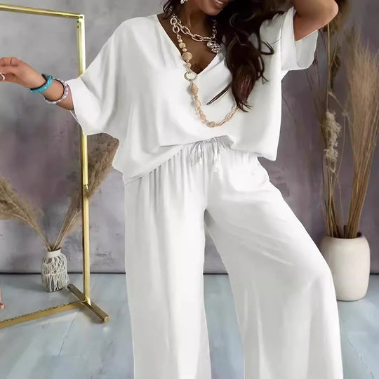 Damen Jumpsuit mit lässigem V-Ausschnitt und weitem Bein Heidi-Mode