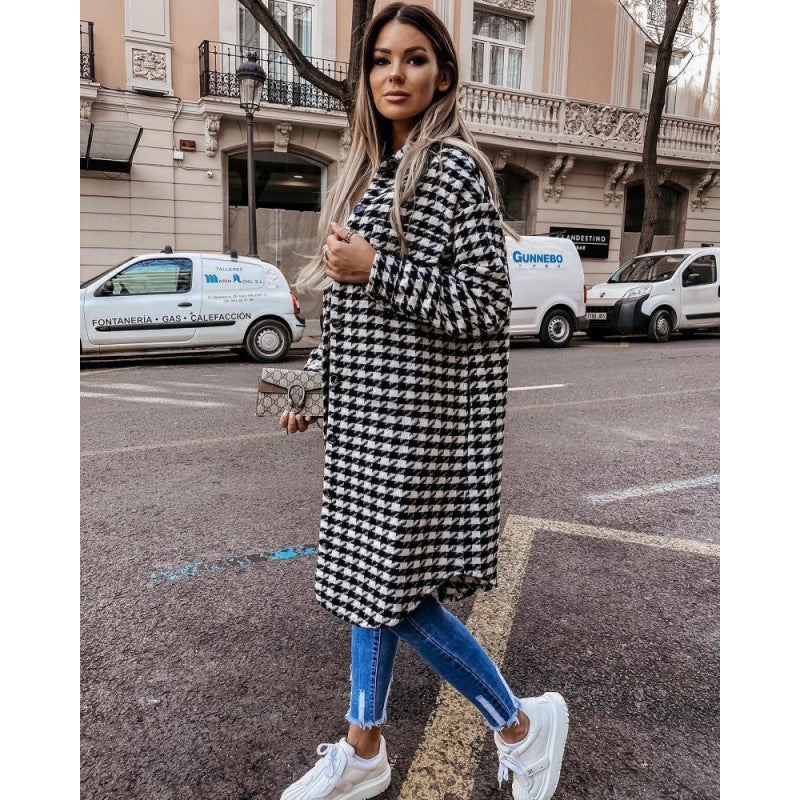 Damen Hahnentritt-Muster Oversized Hemdjacke Heidi-Mode