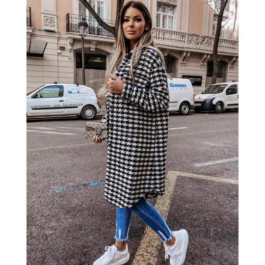 Damen Hahnentritt-Muster Oversized Hemdjacke Heidi-Mode