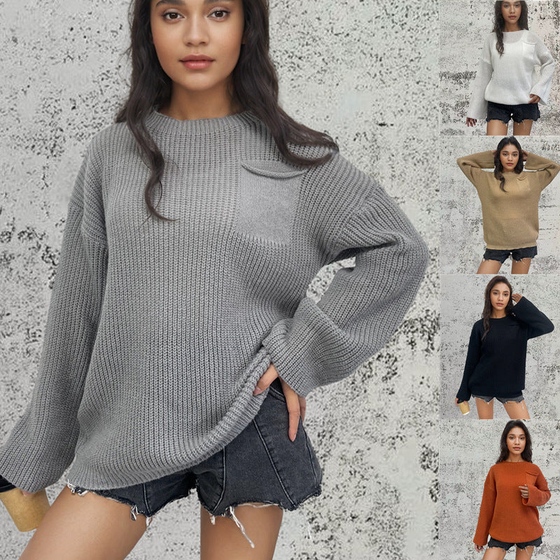 Damen Grob gestrickter Pullover mit lässigem Schnitt und praktischer Tasche Heidi-Mode