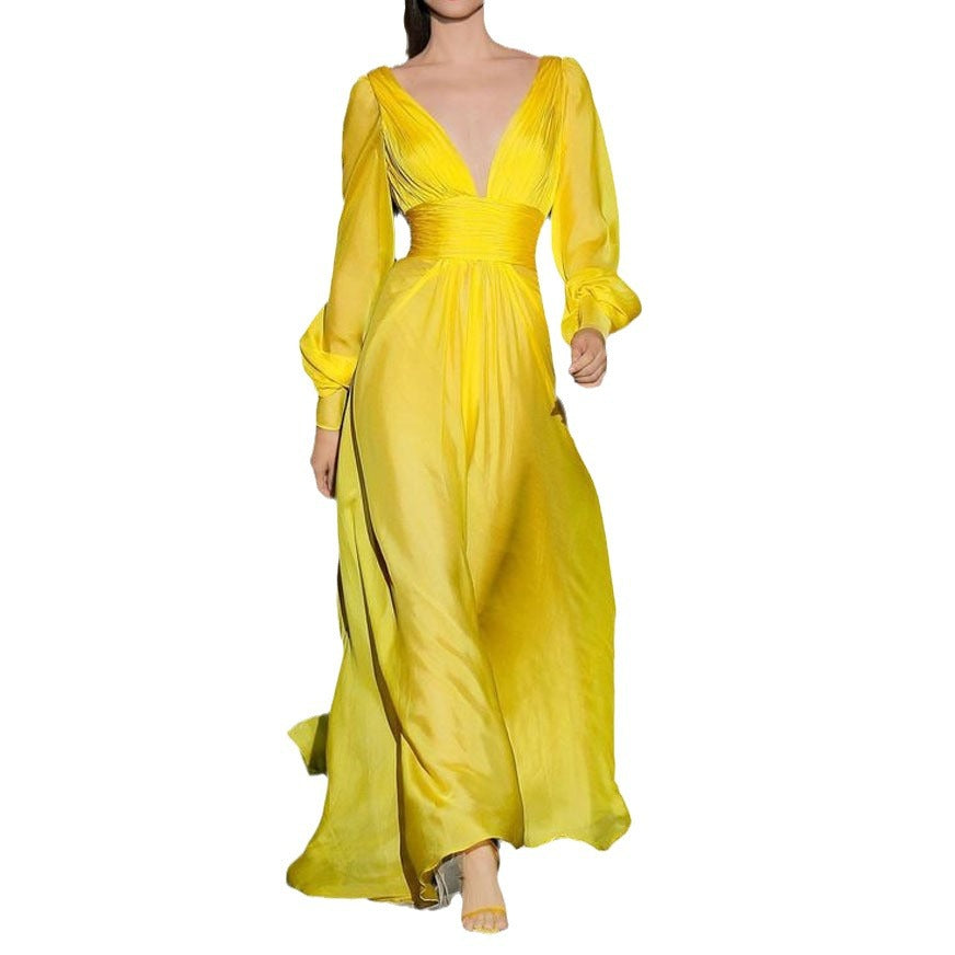 Damen Maxikleid mit tiefem V-Ausschnitt und Puffärmeln Heidi-Mode