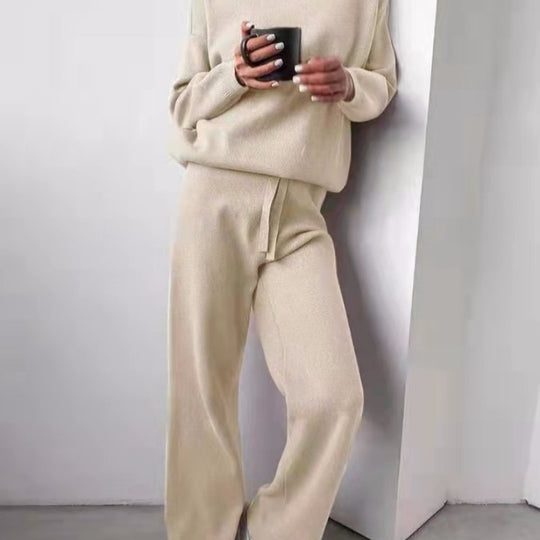 Damen kuscheliges Strick-Loungewear-Set mit weiten Hosen und elegantem Rundhalsausschnitt Heidi-Mode