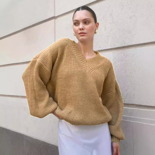 Damen V-Ausschnitt Strickpullover mit voluminösen Ärmeln und strukturierter Oberfläche Heidi-Mode