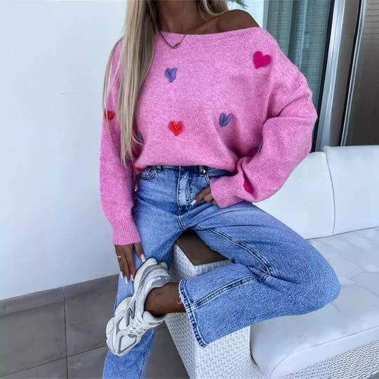 Damen Pullover mit verspielten Herzen und lässigem Schnitt Heidi-Mode