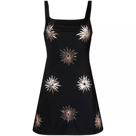 Heidi-Mode | Mit Diamanten besetztes quadratisches Hals eng anliegendes Bodycon Temperament kleines schwarzes Kleid