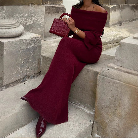 Damen Off-Shoulder Strickkleid mit weiten Ärmeln Heidi-Mode