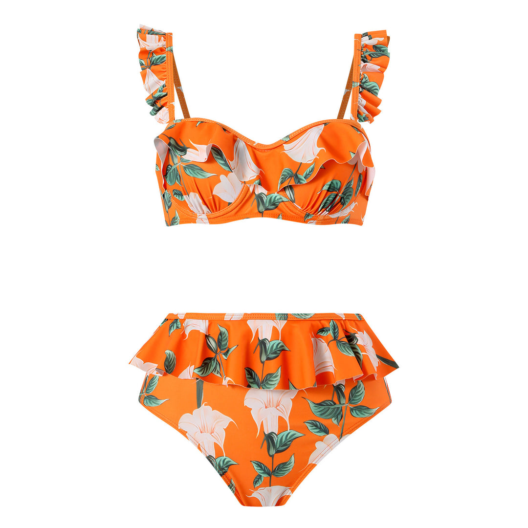 Damen Bikini-Set mit floralem Rüschendesign und passendem Wickelrock Heidi-Mode