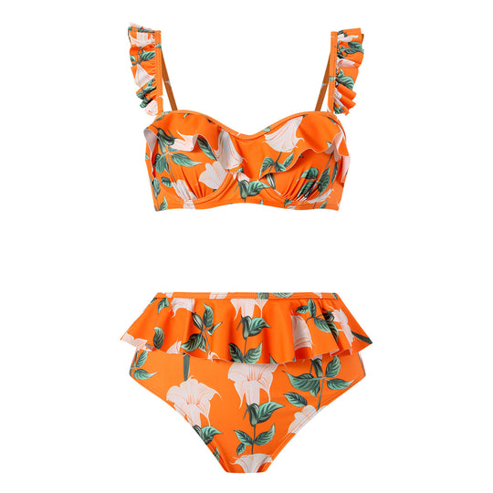 Damen Bikini-Set mit floralem Rüschendesign und passendem Wickelrock Heidi-Mode