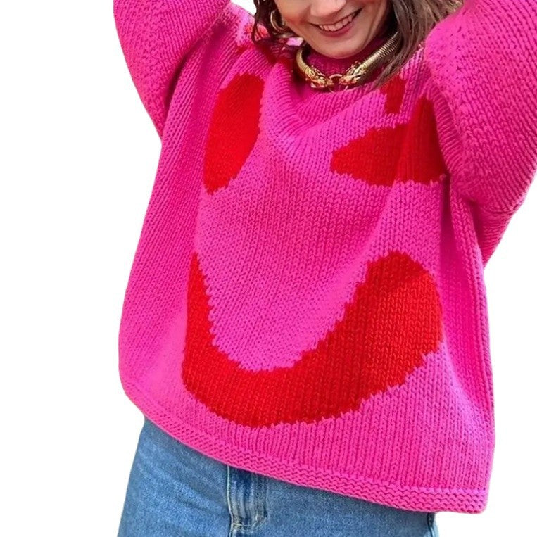 Damen gestrickter Pullover mit fröhlichem Smiley-Motiv und lässigem Schnitt Heidi-Mode