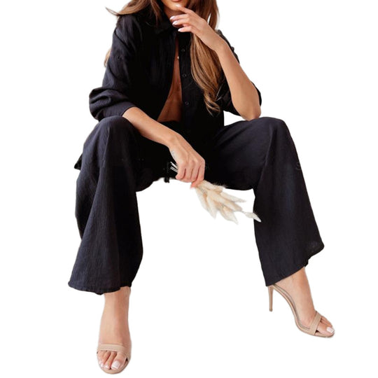 Damen Lässiges Leinen-Outfit mit weit geschnittenem Hemd und lockeren Hosen Heidi-Mode