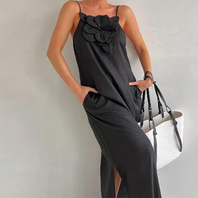Heidi Mode | Hosenträger dreidimensionale Blume Hosenträger Baumwolle und Leinen ärmelloses Kleid