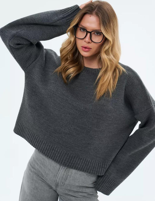 Damen gemütlicher Cropped-Pullover mit lässigen Ballonärmel und Rippstruktur Heidi-Mode