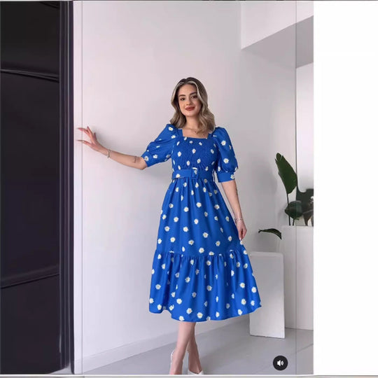 Heidi-Mode | Bedrucktes, taillenbetontes U-Ausschnitt Elegantes Kleid