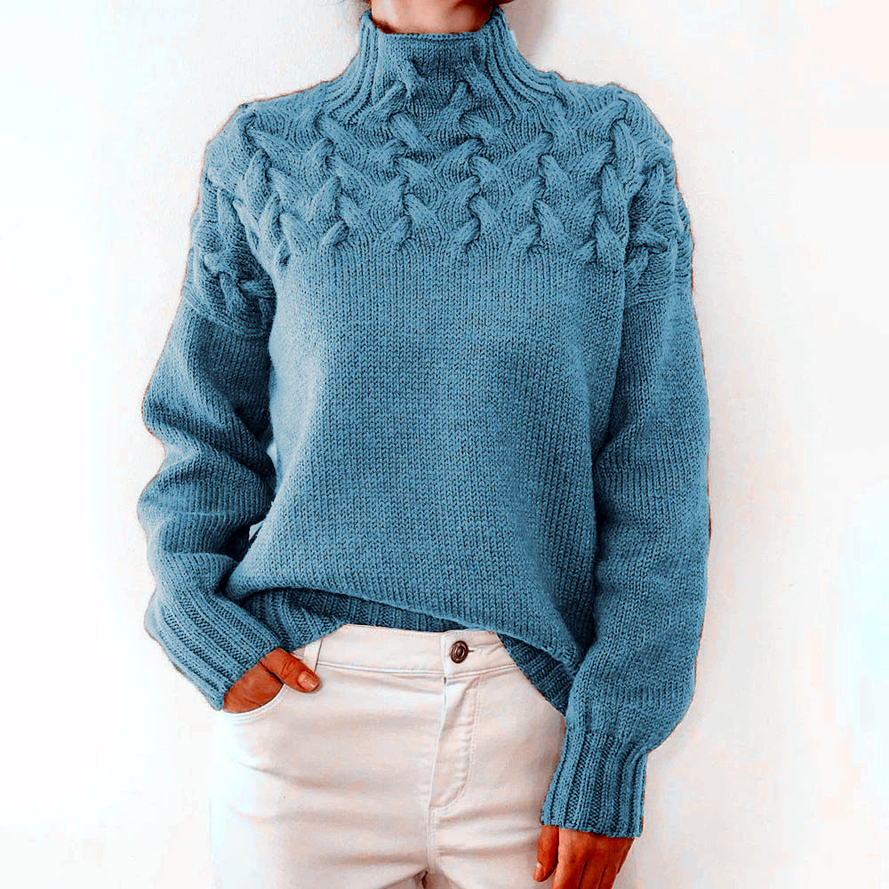 Damen Strickpullover mit hochgeschlossenem Kragen und trendigem Zopfmuster Heidi-Mode