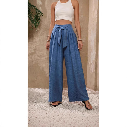 Damen Weite Hochtaillierte Hose mit Schleifenbund und Falten Heidi-Mode