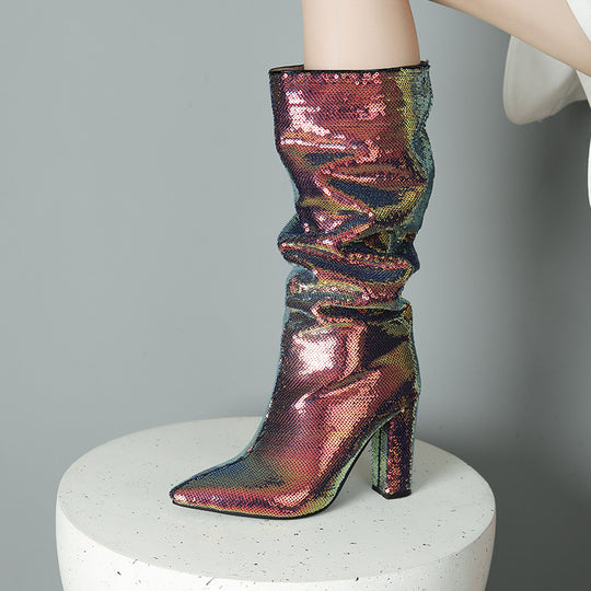 Femme Over-the-Knee Glitzernde Pailletten Stiletto Stiefel Heidi-Mode