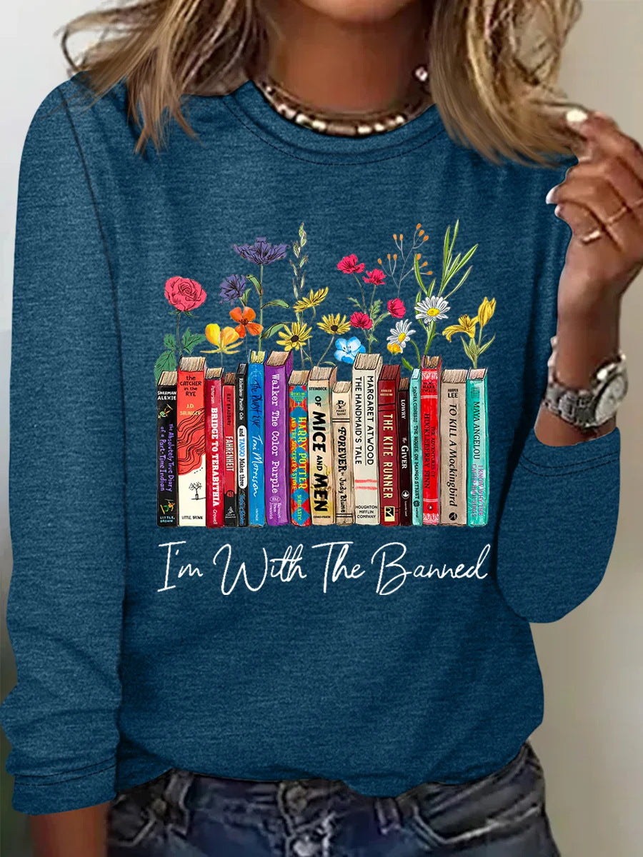 Damen Langarmshirt mit Bücher- und Blumenmotiv Heidi-Mode