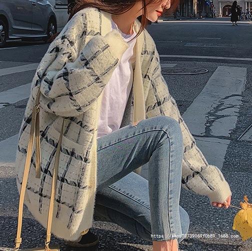 Damen Kuscheliger Oversized-Strickcardigan mit Karomuster Heidi-Mode